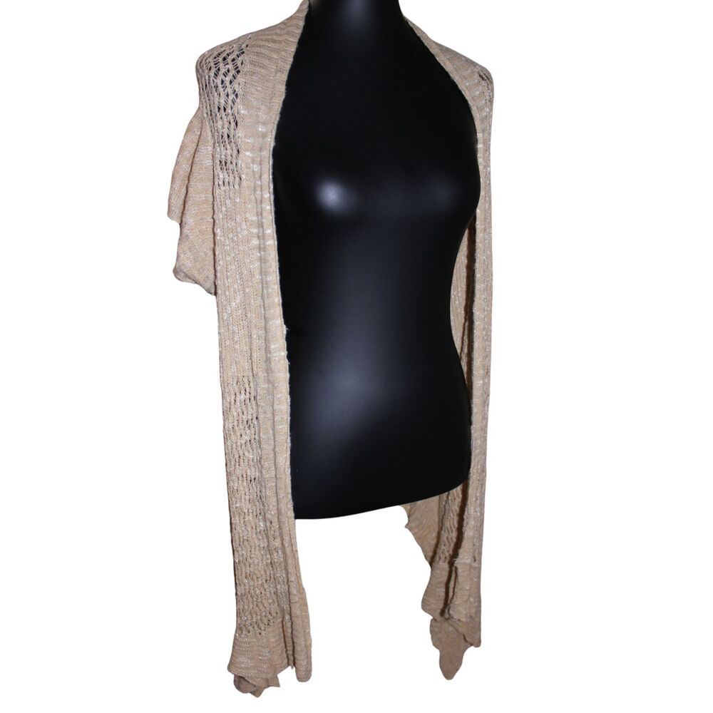 Y2K 90s Say What Beachy Fairy Crochet Long Duster Tan Short Sleeve Open Knit - Picture 2 of 5